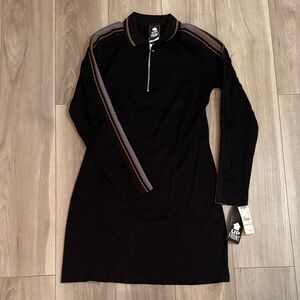 Women Black Long Sleeve Dress with Striped Accents Quarter Zip